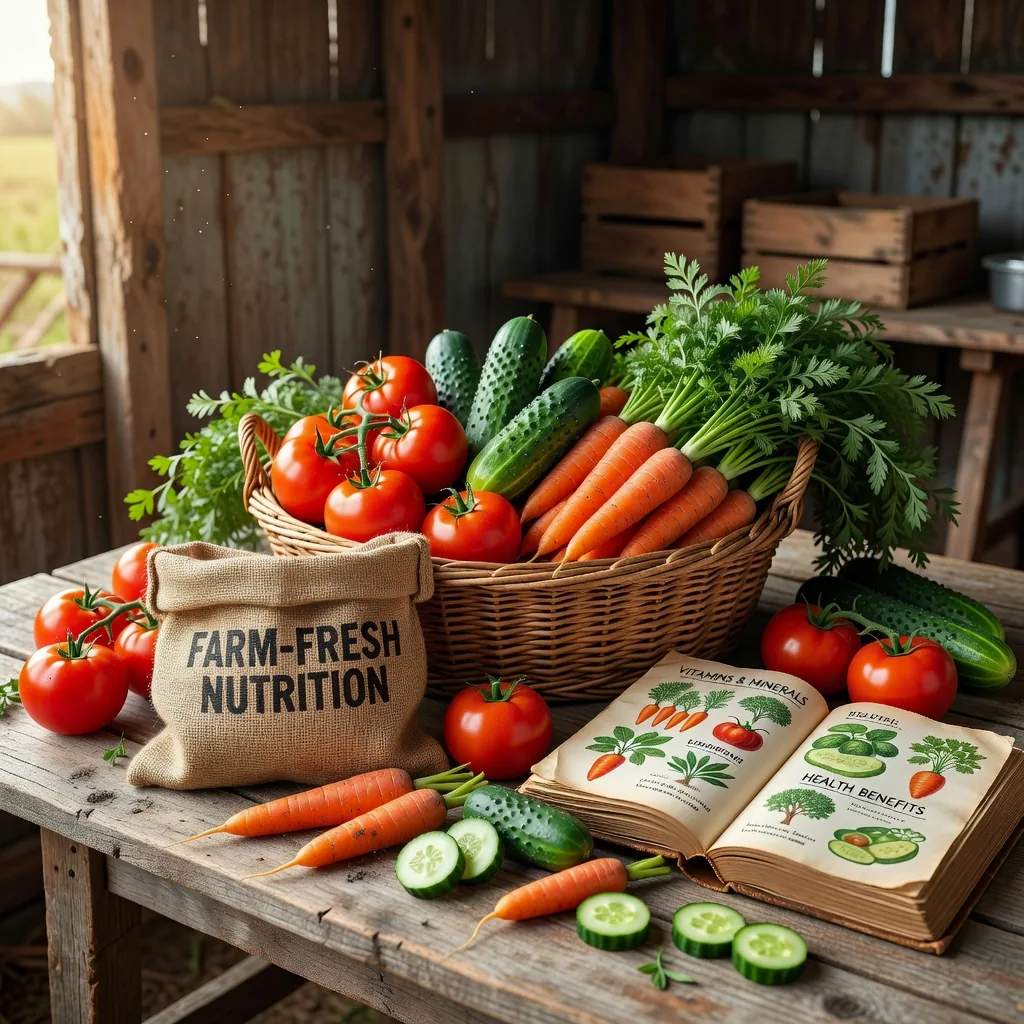 Fresh farm vegetables arranged on a wooden surface