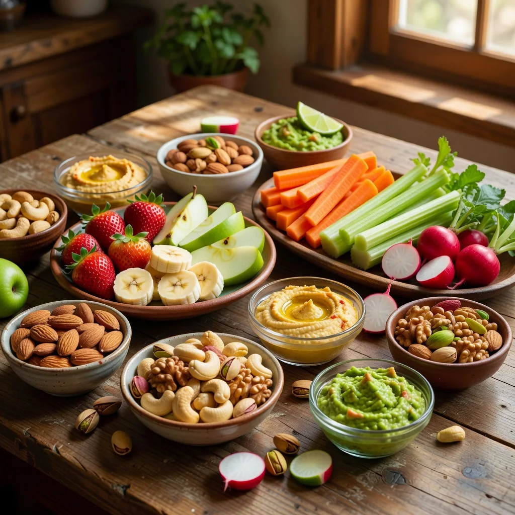 Selection of wholesome snack options arranged on a wooden board