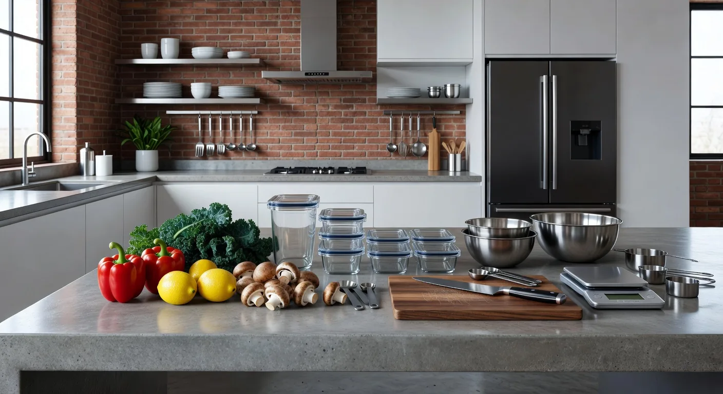 Well-organised kitchen with fresh ingredients ready for meal preparation