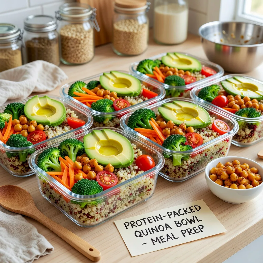 Quinoa protein bowl with roasted vegetables and herbs