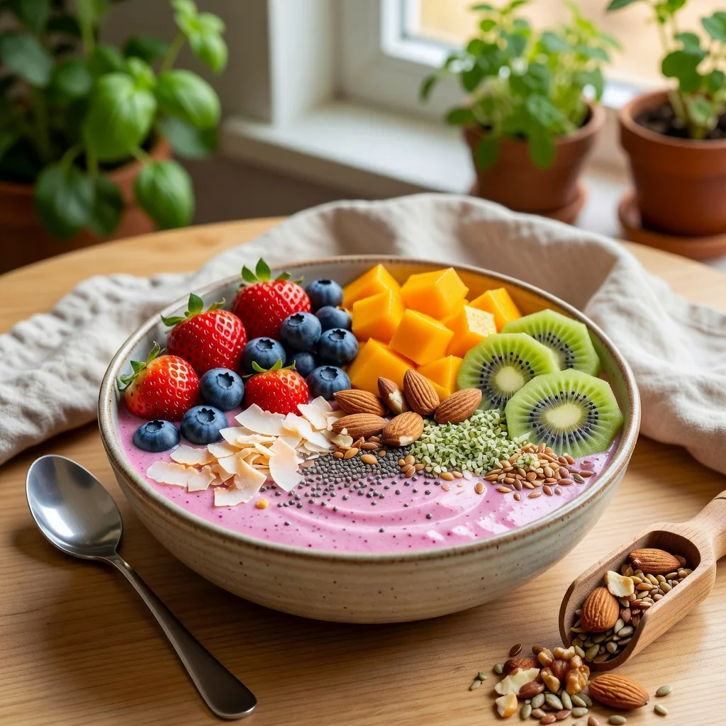 Colourful smoothie bowl topped with fresh fruit and seeds